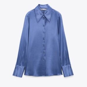 NWT Zara Satin Style Blue Button up Shirt size XS